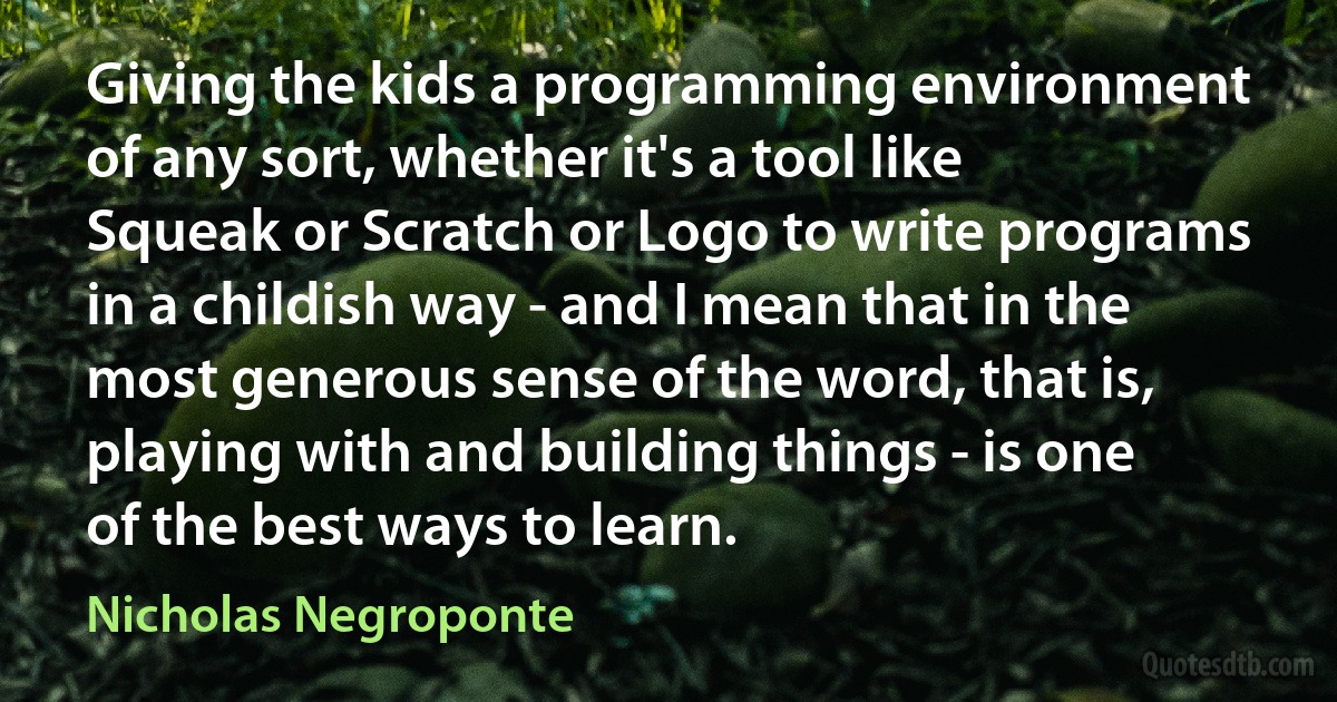 Giving the kids a programming environment of any sort, whether it's a tool like Squeak or Scratch or Logo to write programs in a childish way - and I mean that in the most generous sense of the word, that is, playing with and building things - is one of the best ways to learn. (Nicholas Negroponte)