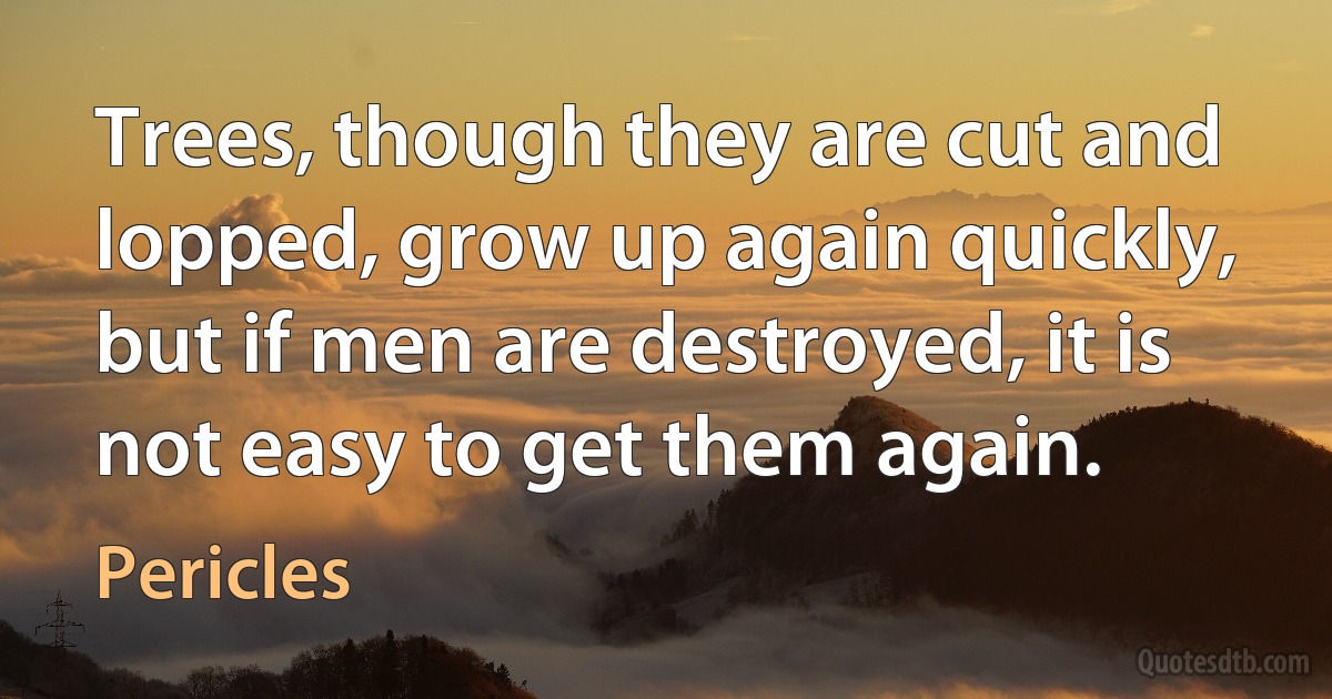 Trees, though they are cut and lopped, grow up again quickly, but if men are destroyed, it is not easy to get them again. (Pericles)