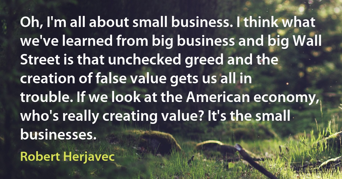 Oh, I'm all about small business. I think what we've learned from big business and big Wall Street is that unchecked greed and the creation of false value gets us all in trouble. If we look at the American economy, who's really creating value? It's the small businesses. (Robert Herjavec)