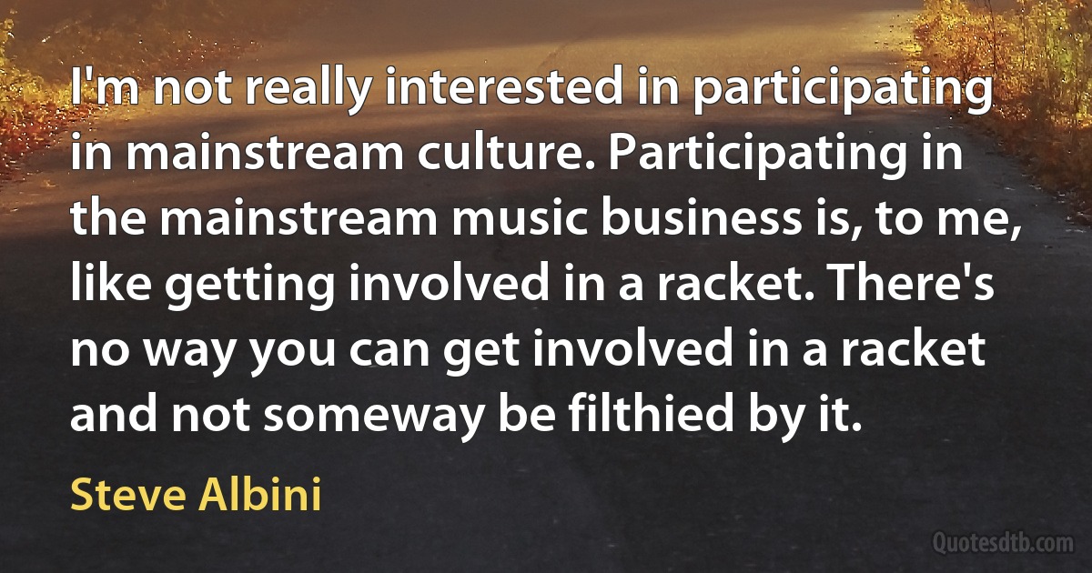 I'm not really interested in participating in mainstream culture. Participating in the mainstream music business is, to me, like getting involved in a racket. There's no way you can get involved in a racket and not someway be filthied by it. (Steve Albini)