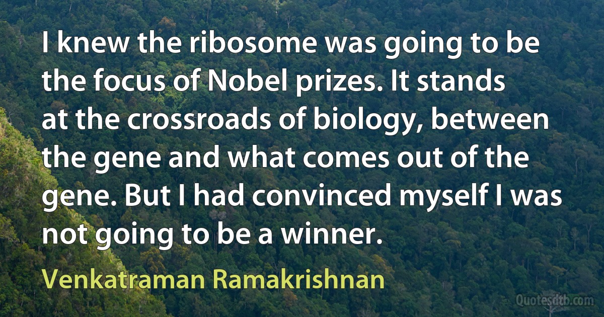 I knew the ribosome was going to be the focus of Nobel prizes. It stands at the crossroads of biology, between the gene and what comes out of the gene. But I had convinced myself I was not going to be a winner. (Venkatraman Ramakrishnan)