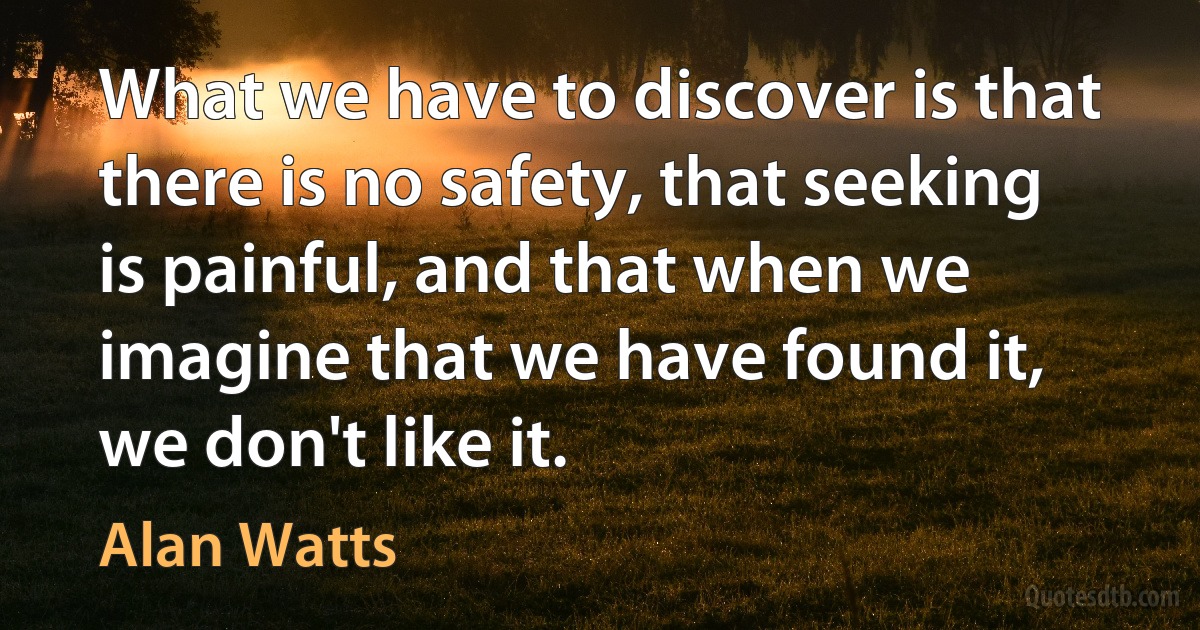 What we have to discover is that there is no safety, that seeking is painful, and that when we imagine that we have found it, we don't like it. (Alan Watts)