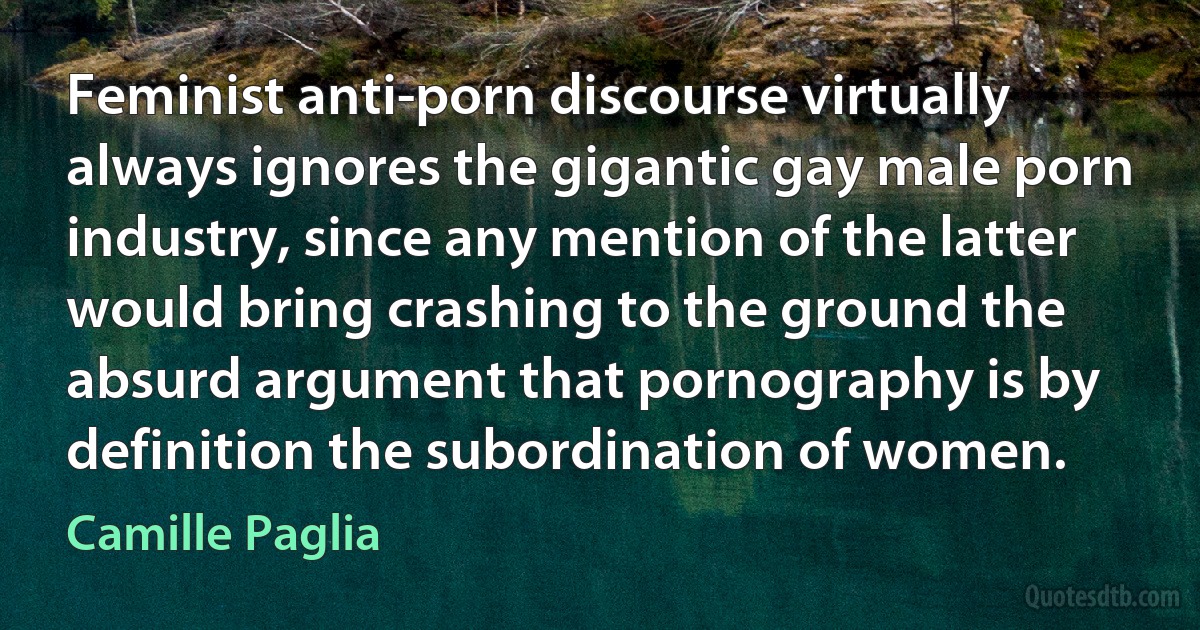 Feminist anti-porn discourse virtually always ignores the gigantic gay male porn industry, since any mention of the latter would bring crashing to the ground the absurd argument that pornography is by definition the subordination of women. (Camille Paglia)