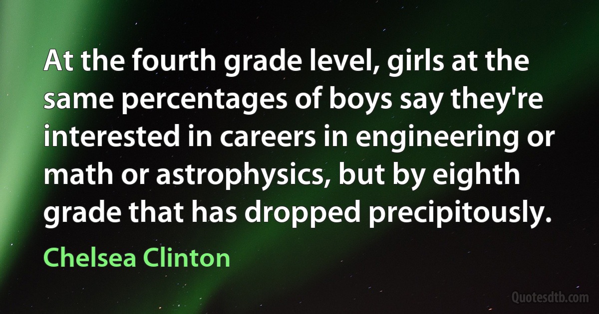 At the fourth grade level, girls at the same percentages of boys say they're interested in careers in engineering or math or astrophysics, but by eighth grade that has dropped precipitously. (Chelsea Clinton)