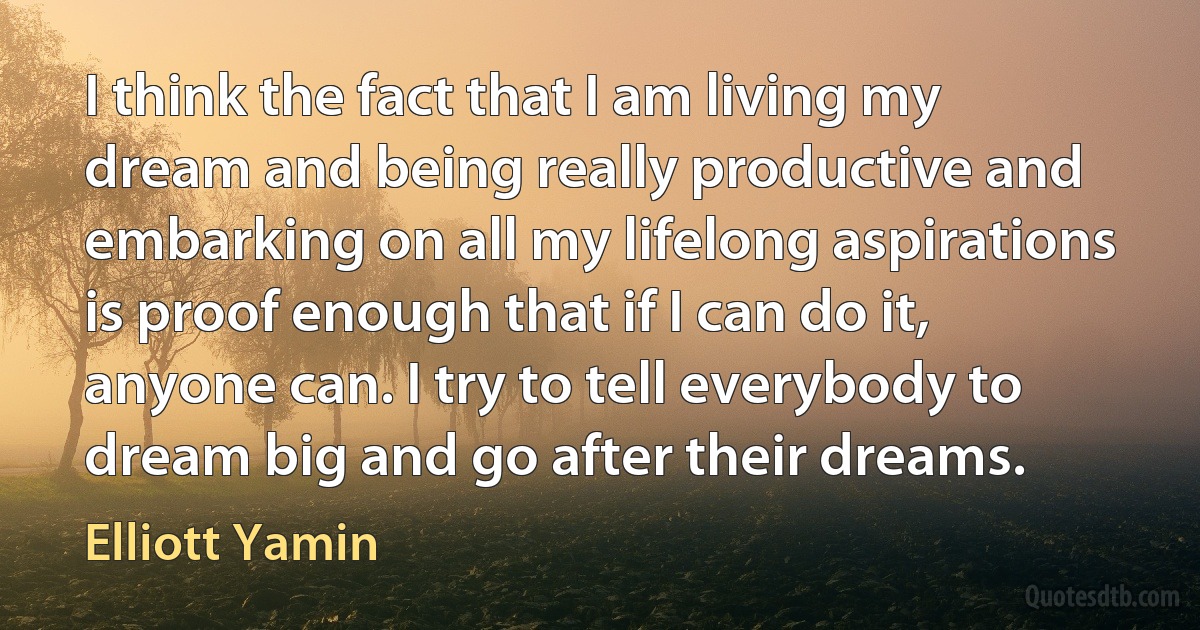 I think the fact that I am living my dream and being really productive and embarking on all my lifelong aspirations is proof enough that if I can do it, anyone can. I try to tell everybody to dream big and go after their dreams. (Elliott Yamin)