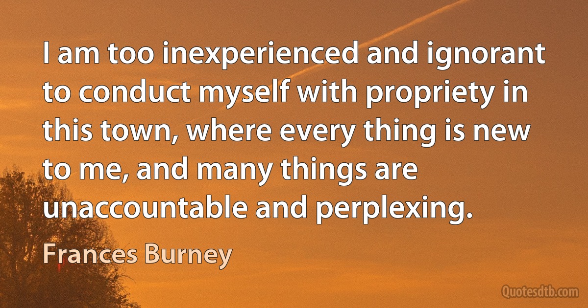 I am too inexperienced and ignorant to conduct myself with propriety in this town, where every thing is new to me, and many things are unaccountable and perplexing. (Frances Burney)