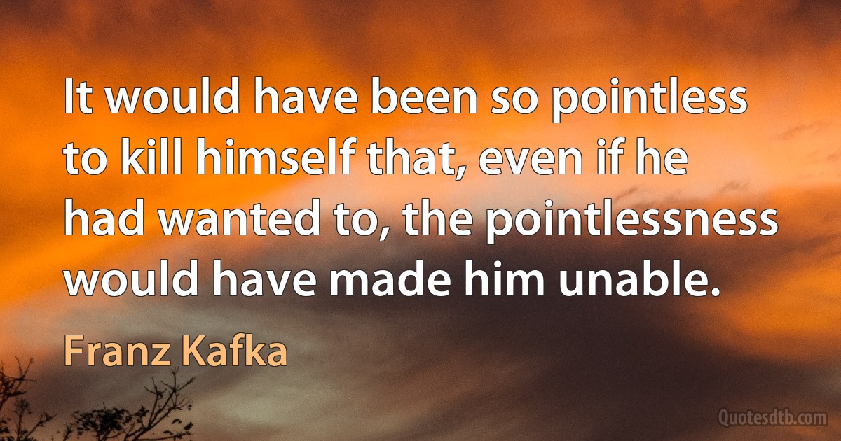 It would have been so pointless to kill himself that, even if he had wanted to, the pointlessness would have made him unable. (Franz Kafka)