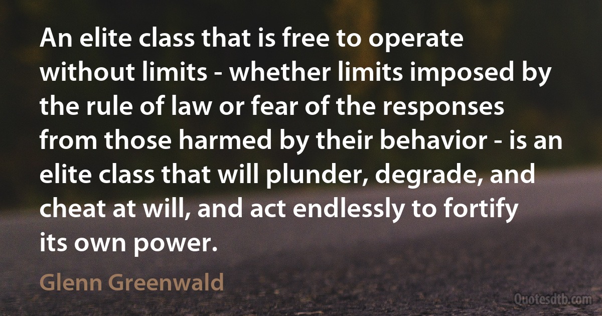 An elite class that is free to operate without limits - whether limits imposed by the rule of law or fear of the responses from those harmed by their behavior - is an elite class that will plunder, degrade, and cheat at will, and act endlessly to fortify its own power. (Glenn Greenwald)