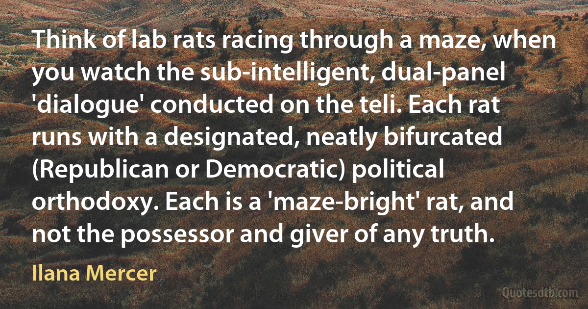 Think of lab rats racing through a maze, when you watch the sub-intelligent, dual-panel 'dialogue' conducted on the teli. Each rat runs with a designated, neatly bifurcated (Republican or Democratic) political orthodoxy. Each is a 'maze-bright' rat, and not the possessor and giver of any truth. (Ilana Mercer)