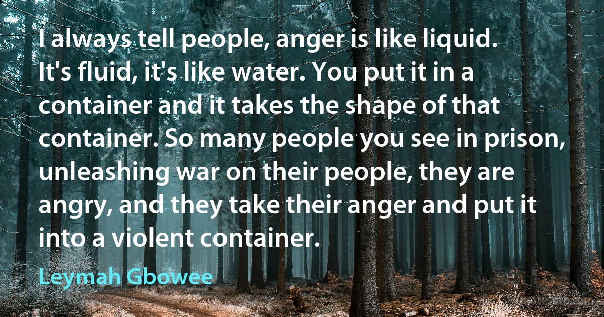 I always tell people, anger is like liquid. It's fluid, it's like water. You put it in a container and it takes the shape of that container. So many people you see in prison, unleashing war on their people, they are angry, and they take their anger and put it into a violent container. (Leymah Gbowee)