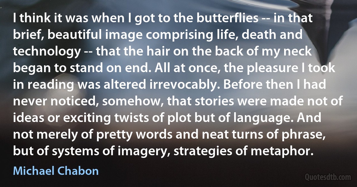 I think it was when I got to the butterflies -- in that brief, beautiful image comprising life, death and technology -- that the hair on the back of my neck began to stand on end. All at once, the pleasure I took in reading was altered irrevocably. Before then I had never noticed, somehow, that stories were made not of ideas or exciting twists of plot but of language. And not merely of pretty words and neat turns of phrase, but of systems of imagery, strategies of metaphor. (Michael Chabon)