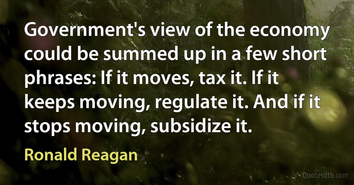 Government's view of the economy could be summed up in a few short phrases: If it moves, tax it. If it keeps moving, regulate it. And if it stops moving, subsidize it. (Ronald Reagan)