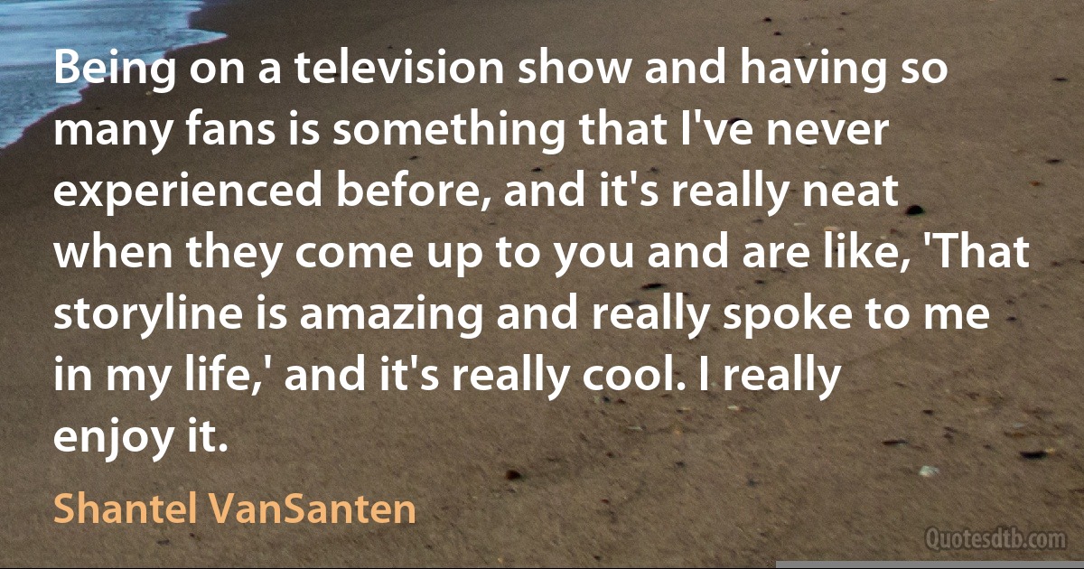 Being on a television show and having so many fans is something that I've never experienced before, and it's really neat when they come up to you and are like, 'That storyline is amazing and really spoke to me in my life,' and it's really cool. I really enjoy it. (Shantel VanSanten)