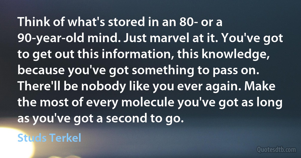 Think of what's stored in an 80- or a 90-year-old mind. Just marvel at it. You've got to get out this information, this knowledge, because you've got something to pass on. There'll be nobody like you ever again. Make the most of every molecule you've got as long as you've got a second to go. (Studs Terkel)