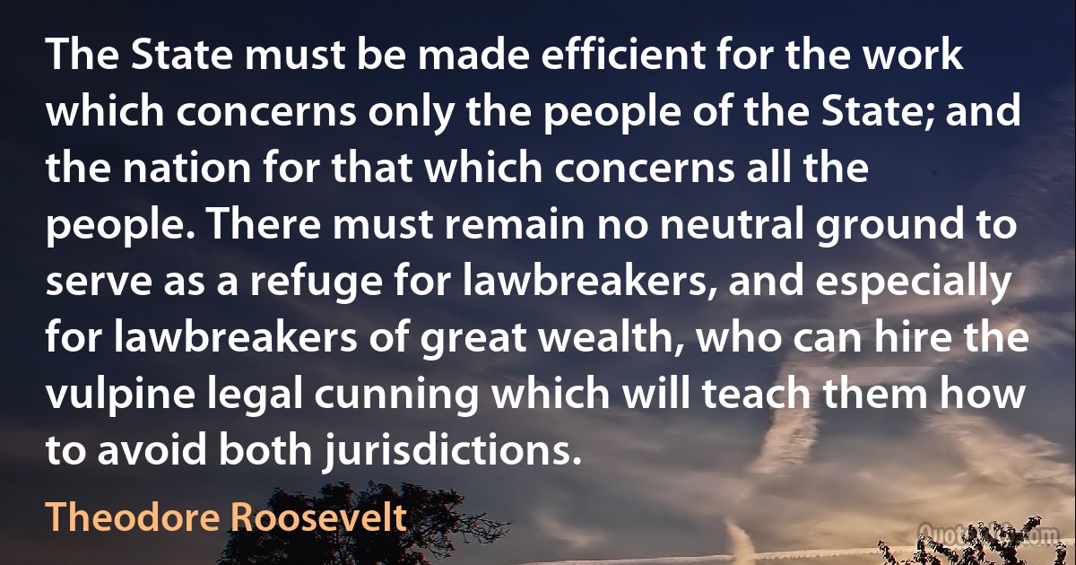 The State must be made efficient for the work which concerns only the people of the State; and the nation for that which concerns all the people. There must remain no neutral ground to serve as a refuge for lawbreakers, and especially for lawbreakers of great wealth, who can hire the vulpine legal cunning which will teach them how to avoid both jurisdictions. (Theodore Roosevelt)