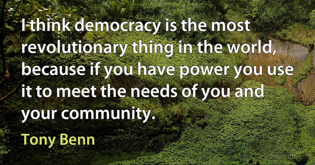 I think democracy is the most revolutionary thing in the world, because if you have power you use it to meet the needs of you and your community. (Tony Benn)