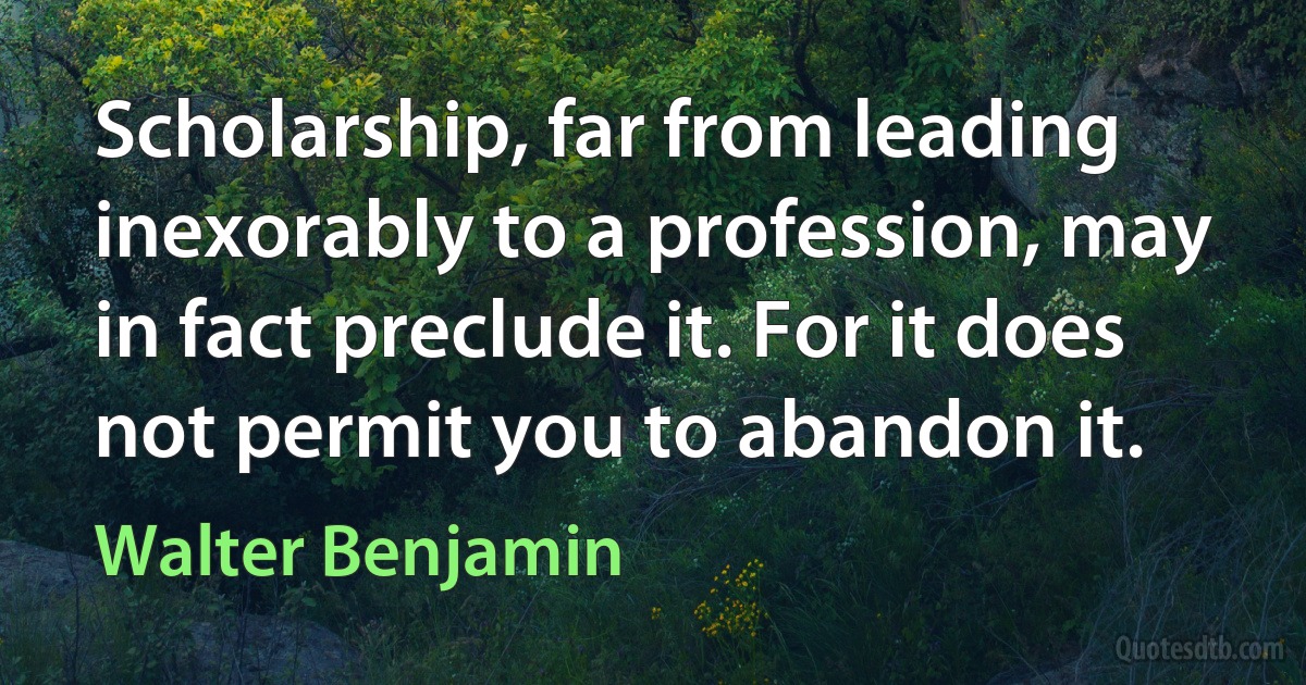 Scholarship, far from leading inexorably to a profession, may in fact preclude it. For it does not permit you to abandon it. (Walter Benjamin)