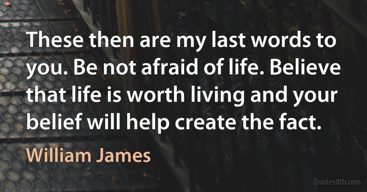 These then are my last words to you. Be not afraid of life. Believe that life is worth living and your belief will help create the fact. (William James)