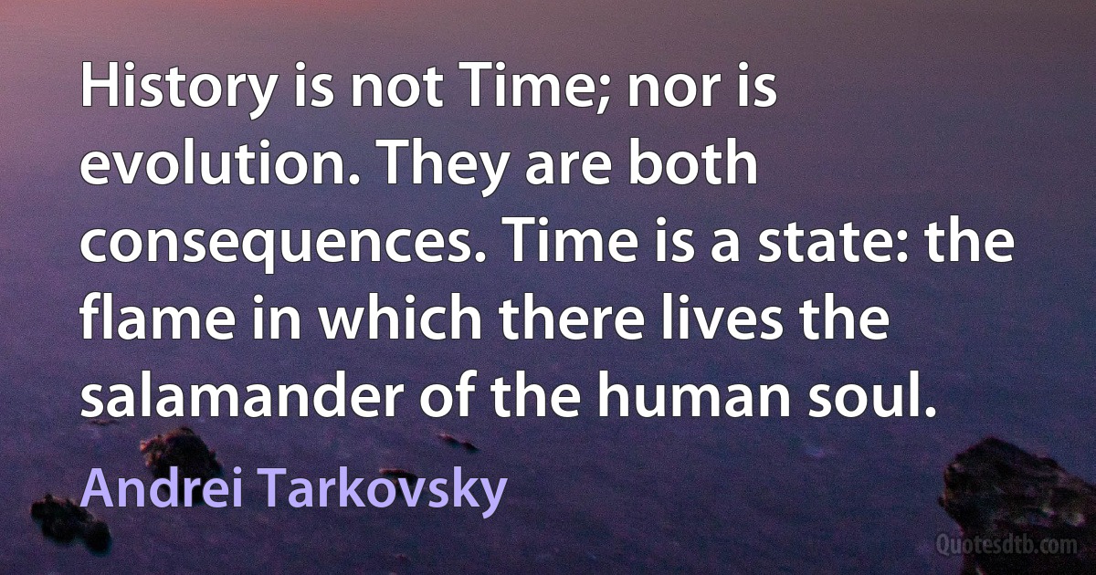 History is not Time; nor is evolution. They are both consequences. Time is a state: the flame in which there lives the salamander of the human soul. (Andrei Tarkovsky)