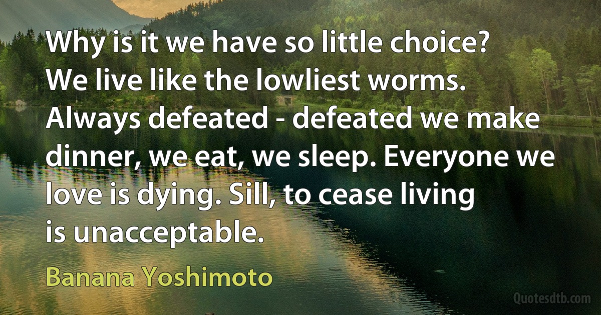 Why is it we have so little choice? We live like the lowliest worms. Always defeated - defeated we make dinner, we eat, we sleep. Everyone we love is dying. Sill, to cease living is unacceptable. (Banana Yoshimoto)