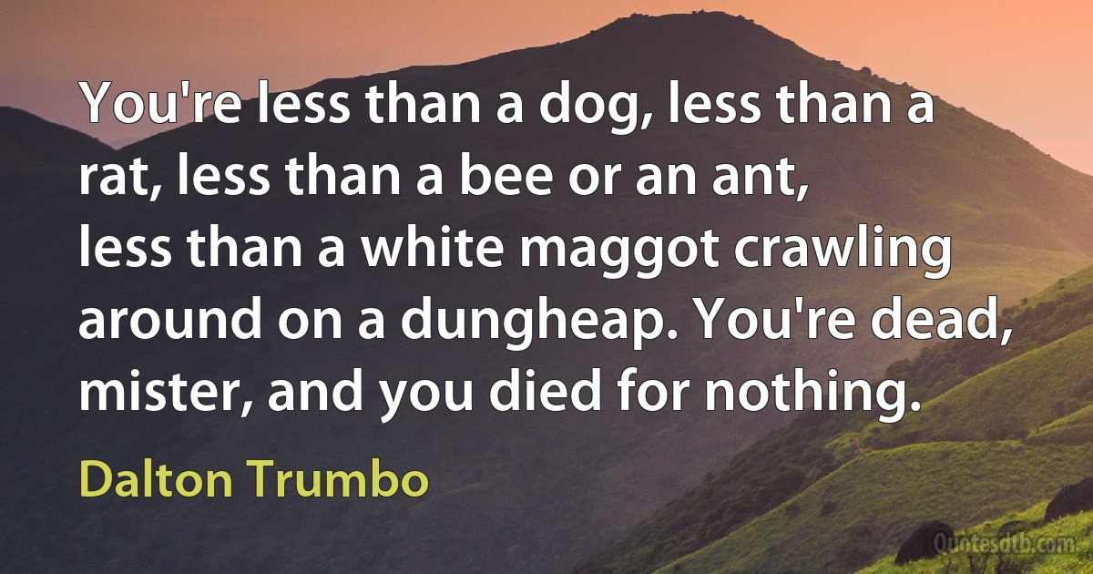 You're less than a dog, less than a rat, less than a bee or an ant, less than a white maggot crawling around on a dungheap. You're dead, mister, and you died for nothing. (Dalton Trumbo)