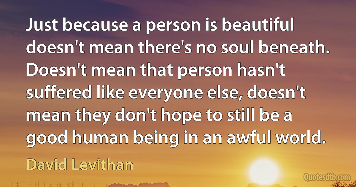 Just because a person is beautiful doesn't mean there's no soul beneath. Doesn't mean that person hasn't suffered like everyone else, doesn't mean they don't hope to still be a good human being in an awful world. (David Levithan)