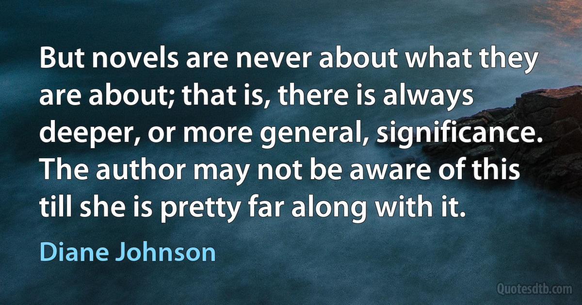 But novels are never about what they are about; that is, there is always deeper, or more general, significance. The author may not be aware of this till she is pretty far along with it. (Diane Johnson)