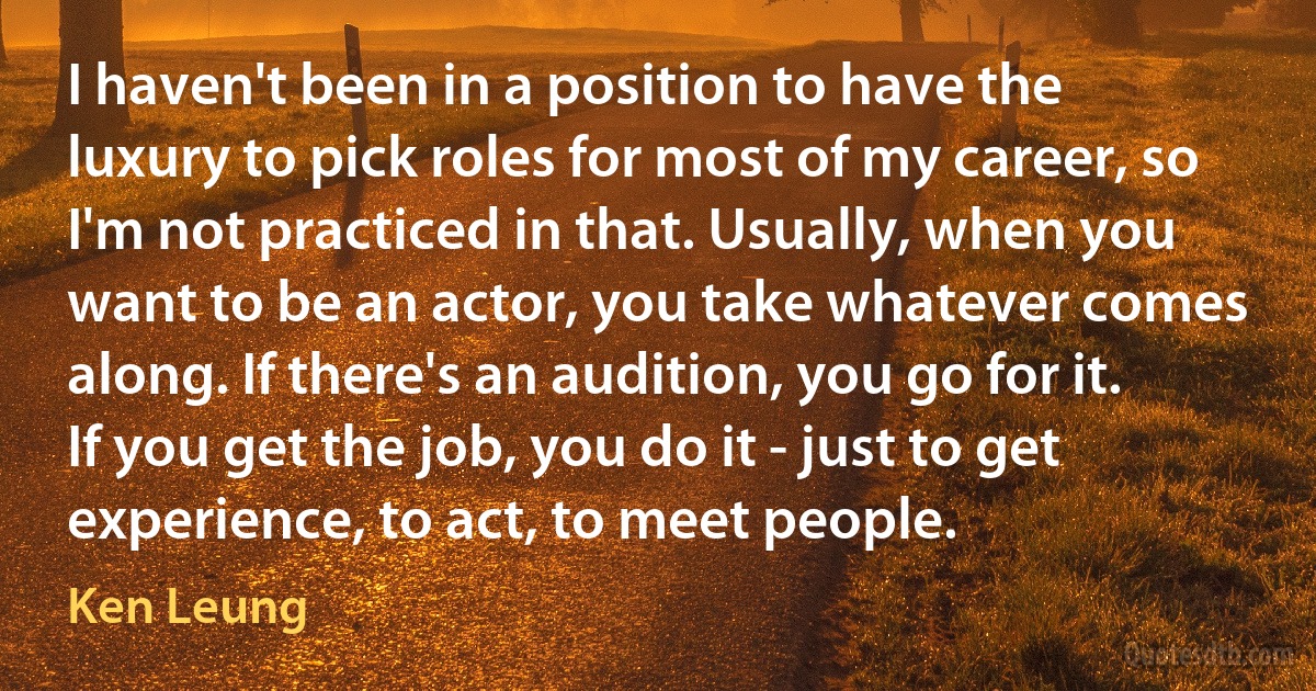 I haven't been in a position to have the luxury to pick roles for most of my career, so I'm not practiced in that. Usually, when you want to be an actor, you take whatever comes along. If there's an audition, you go for it. If you get the job, you do it - just to get experience, to act, to meet people. (Ken Leung)