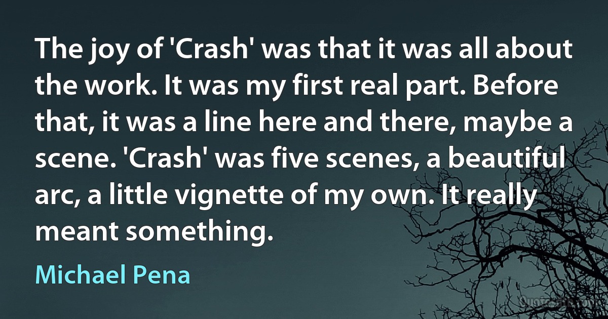 The joy of 'Crash' was that it was all about the work. It was my first real part. Before that, it was a line here and there, maybe a scene. 'Crash' was five scenes, a beautiful arc, a little vignette of my own. It really meant something. (Michael Pena)