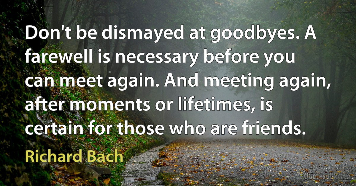 Don't be dismayed at goodbyes. A farewell is necessary before you can meet again. And meeting again, after moments or lifetimes, is certain for those who are friends. (Richard Bach)