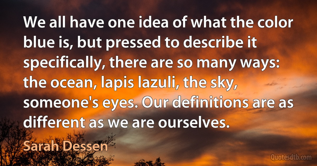 We all have one idea of what the color blue is, but pressed to describe it specifically, there are so many ways: the ocean, lapis lazuli, the sky, someone's eyes. Our definitions are as different as we are ourselves. (Sarah Dessen)