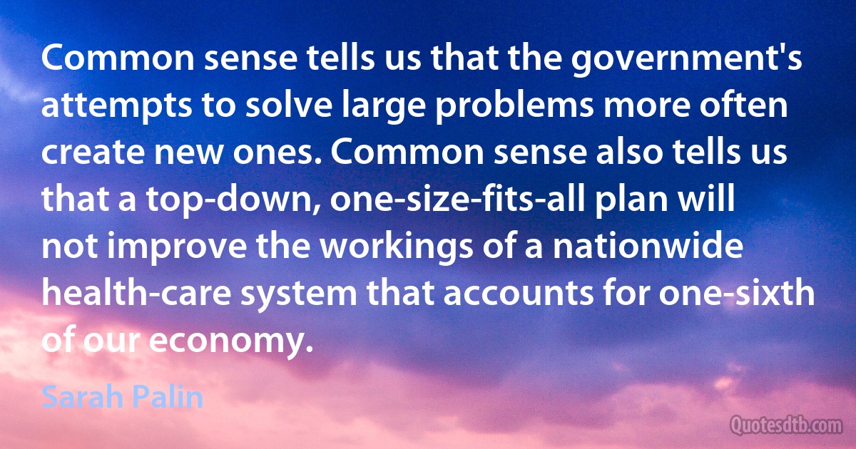 Common sense tells us that the government's attempts to solve large problems more often create new ones. Common sense also tells us that a top-down, one-size-fits-all plan will not improve the workings of a nationwide health-care system that accounts for one-sixth of our economy. (Sarah Palin)