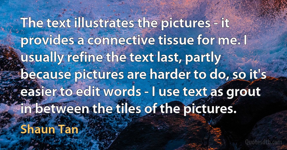 The text illustrates the pictures - it provides a connective tissue for me. I usually refine the text last, partly because pictures are harder to do, so it's easier to edit words - I use text as grout in between the tiles of the pictures. (Shaun Tan)