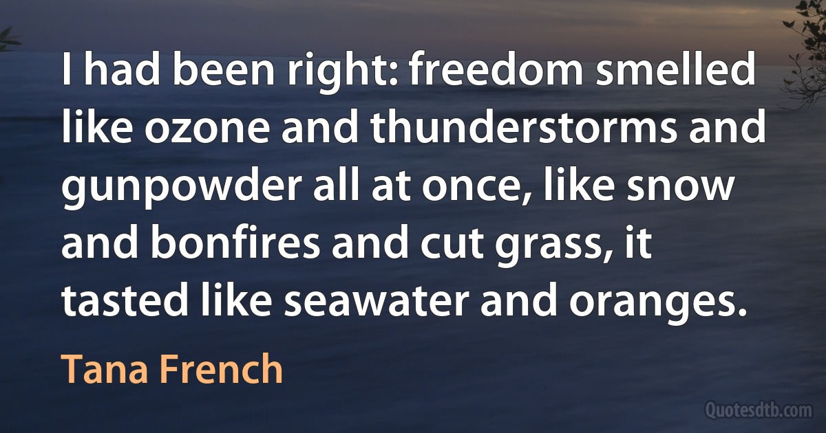 I had been right: freedom smelled like ozone and thunderstorms and gunpowder all at once, like snow and bonfires and cut grass, it tasted like seawater and oranges. (Tana French)