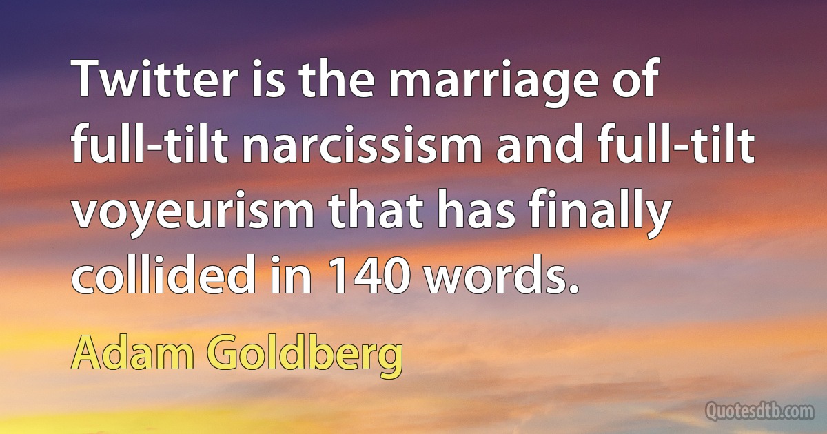 Twitter is the marriage of full-tilt narcissism and full-tilt voyeurism that has finally collided in 140 words. (Adam Goldberg)