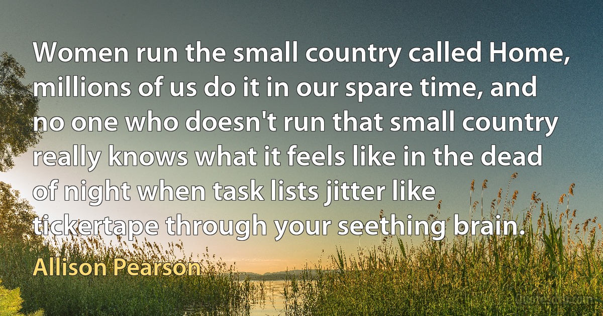 Women run the small country called Home, millions of us do it in our spare time, and no one who doesn't run that small country really knows what it feels like in the dead of night when task lists jitter like tickertape through your seething brain. (Allison Pearson)