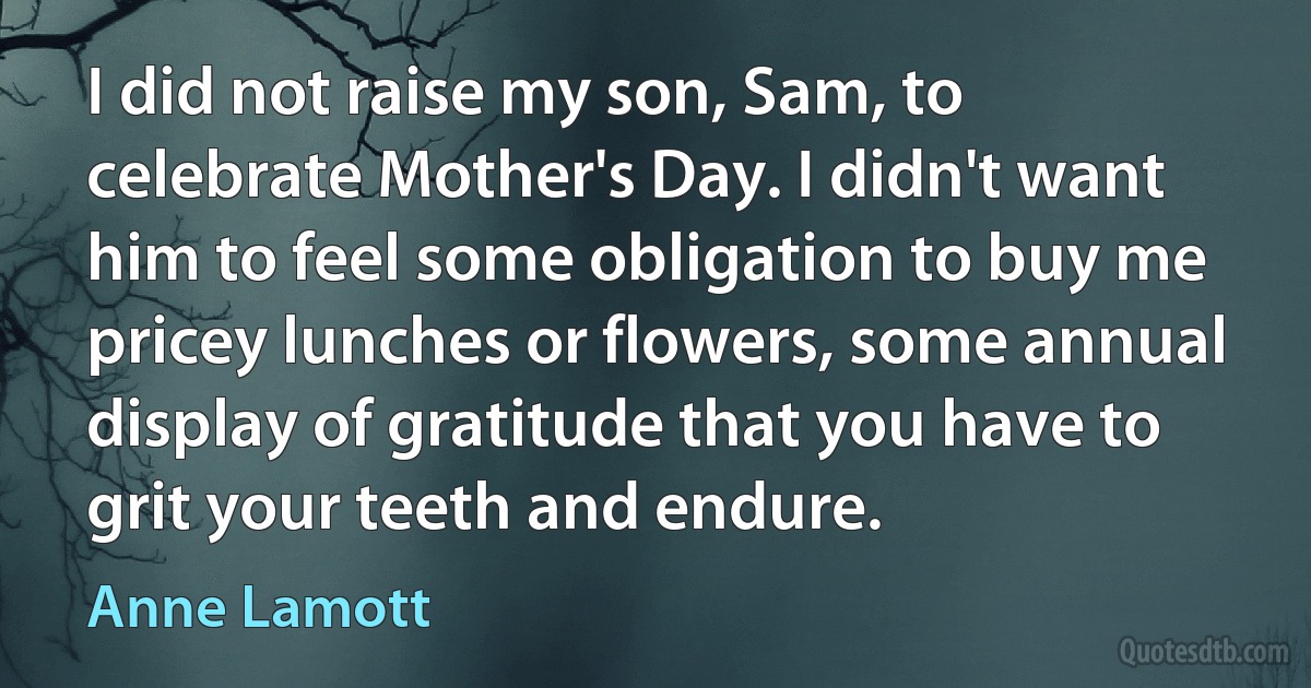 I did not raise my son, Sam, to celebrate Mother's Day. I didn't want him to feel some obligation to buy me pricey lunches or flowers, some annual display of gratitude that you have to grit your teeth and endure. (Anne Lamott)