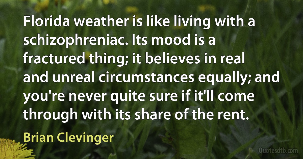 Florida weather is like living with a schizophreniac. Its mood is a fractured thing; it believes in real and unreal circumstances equally; and you're never quite sure if it'll come through with its share of the rent. (Brian Clevinger)