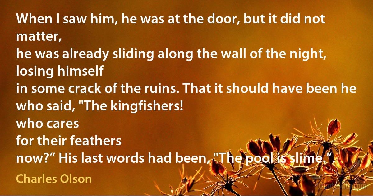 When I saw him, he was at the door, but it did not matter,
he was already sliding along the wall of the night, losing himself
in some crack of the ruins. That it should have been he who said, "The kingfishers!
who cares
for their feathers
now?” His last words had been, "The pool is slime.”. (Charles Olson)