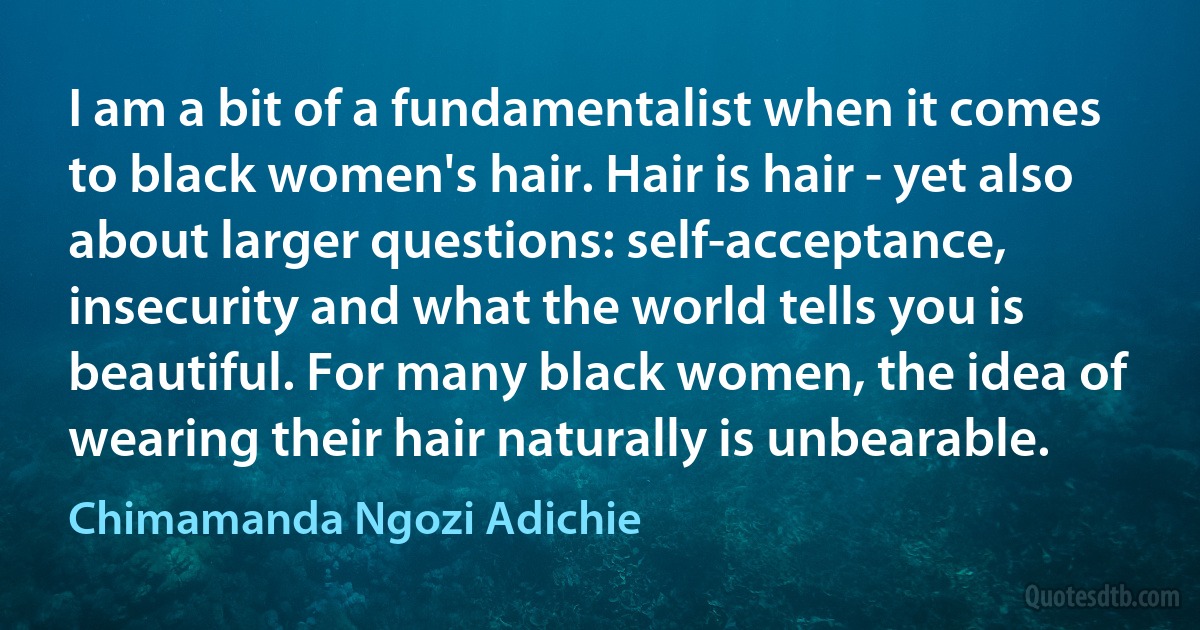 I am a bit of a fundamentalist when it comes to black women's hair. Hair is hair - yet also about larger questions: self-acceptance, insecurity and what the world tells you is beautiful. For many black women, the idea of wearing their hair naturally is unbearable. (Chimamanda Ngozi Adichie)