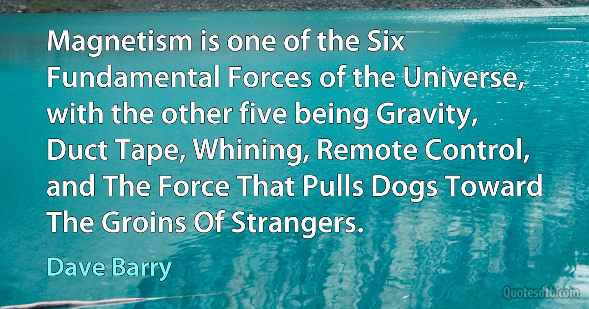 Magnetism is one of the Six Fundamental Forces of the Universe, with the other five being Gravity, Duct Tape, Whining, Remote Control, and The Force That Pulls Dogs Toward The Groins Of Strangers. (Dave Barry)