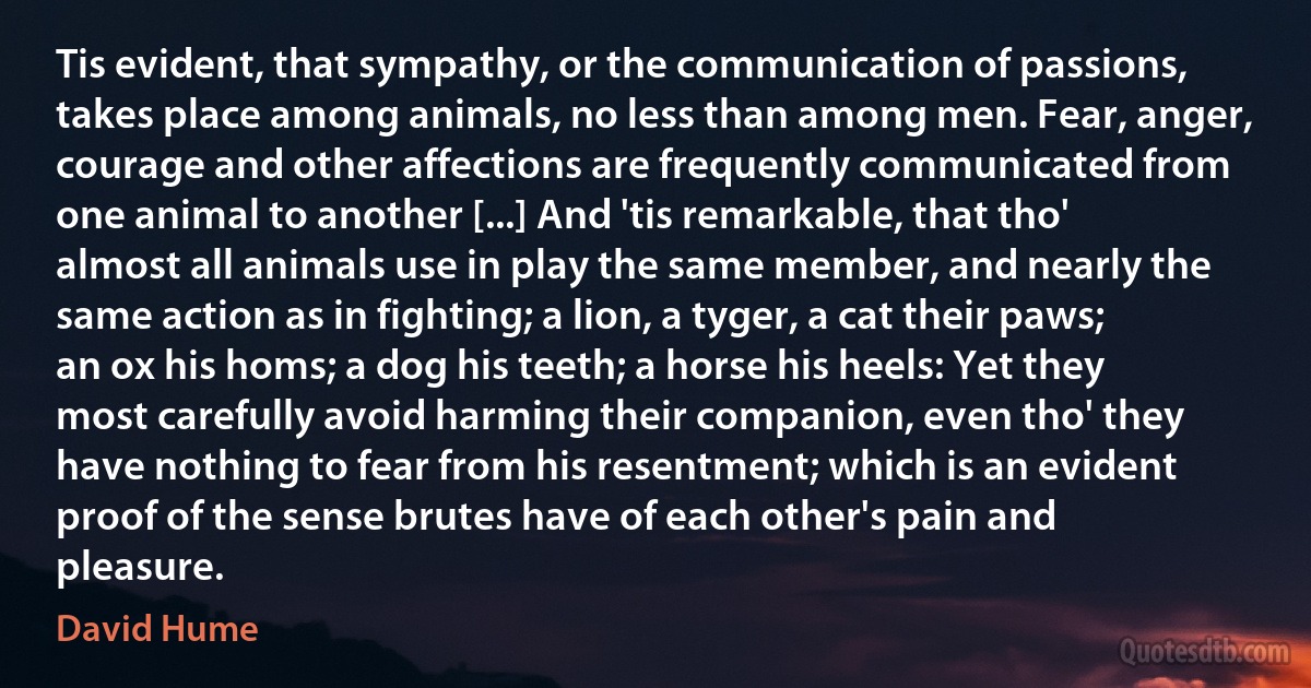 Tis evident, that sympathy, or the communication of passions, takes place among animals, no less than among men. Fear, anger, courage and other affections are frequently communicated from one animal to another [...] And 'tis remarkable, that tho' almost all animals use in play the same member, and nearly the same action as in fighting; a lion, a tyger, a cat their paws; an ox his homs; a dog his teeth; a horse his heels: Yet they most carefully avoid harming their companion, even tho' they have nothing to fear from his resentment; which is an evident proof of the sense brutes have of each other's pain and pleasure. (David Hume)