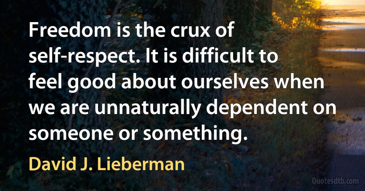 Freedom is the crux of self-respect. It is difficult to feel good about ourselves when we are unnaturally dependent on someone or something. (David J. Lieberman)