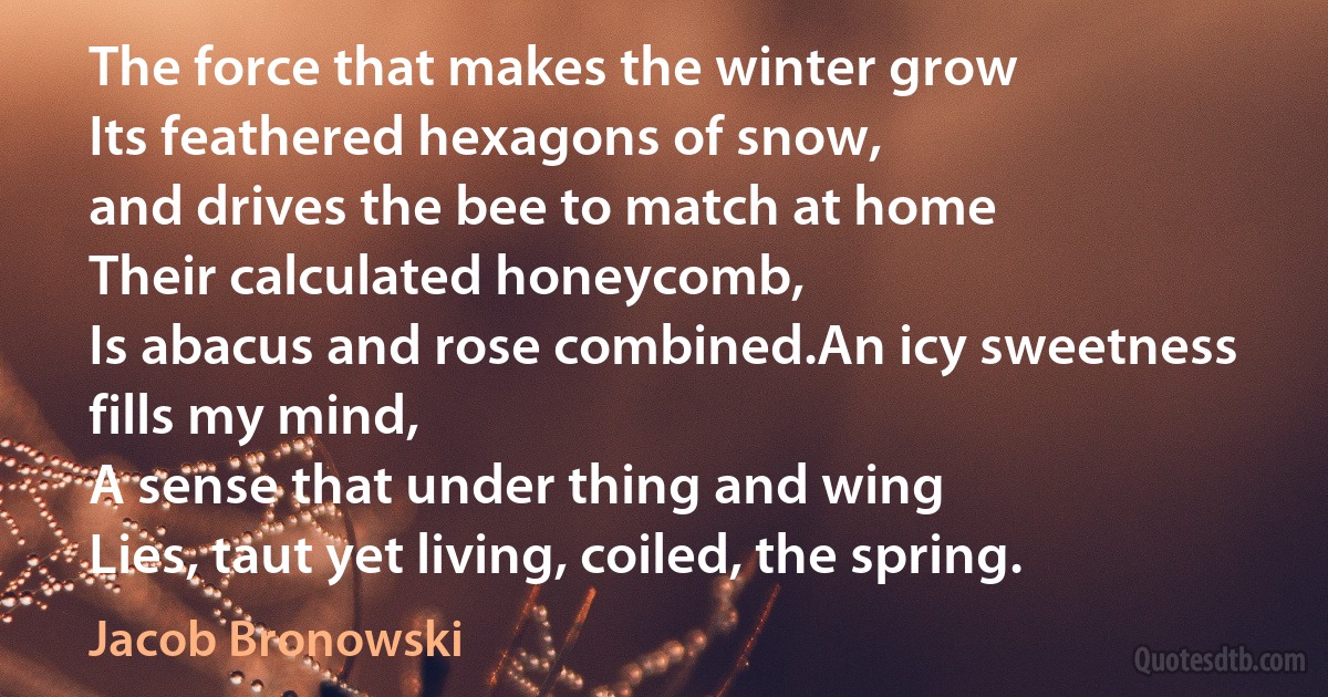 The force that makes the winter grow
Its feathered hexagons of snow,
and drives the bee to match at home
Their calculated honeycomb,
Is abacus and rose combined.An icy sweetness fills my mind,
A sense that under thing and wing
Lies, taut yet living, coiled, the spring. (Jacob Bronowski)