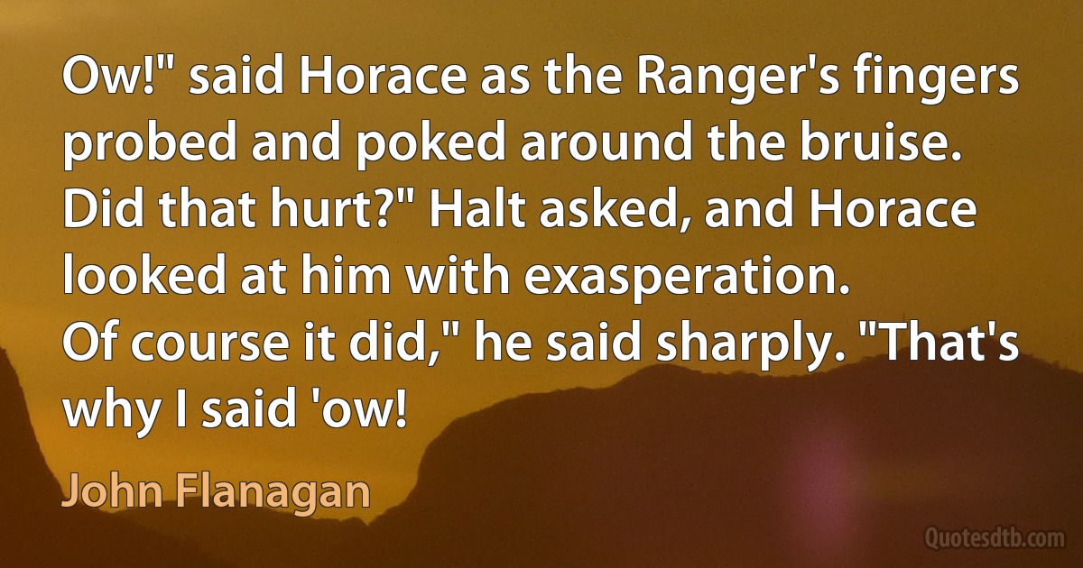 Ow!" said Horace as the Ranger's fingers probed and poked around the bruise.
Did that hurt?" Halt asked, and Horace looked at him with exasperation.
Of course it did," he said sharply. "That's why I said 'ow! (John Flanagan)