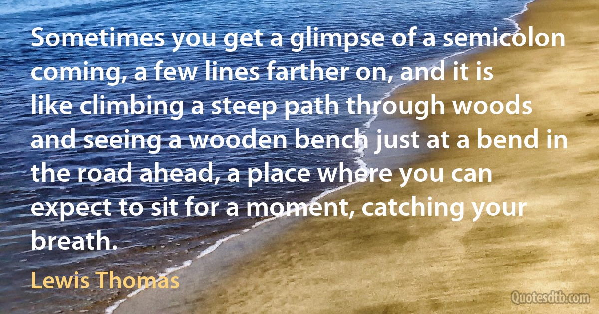 Sometimes you get a glimpse of a semicolon coming, a few lines farther on, and it is like climbing a steep path through woods and seeing a wooden bench just at a bend in the road ahead, a place where you can expect to sit for a moment, catching your breath. (Lewis Thomas)