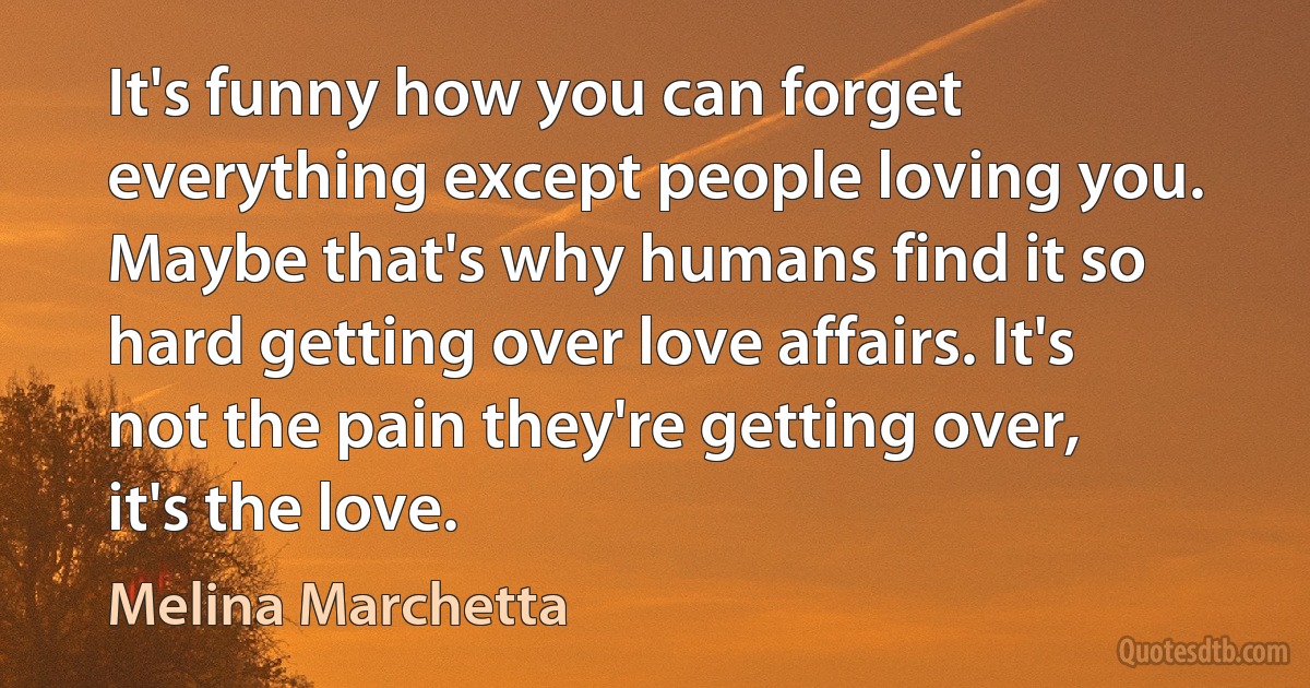 It's funny how you can forget everything except people loving you. Maybe that's why humans find it so hard getting over love affairs. It's not the pain they're getting over, it's the love. (Melina Marchetta)