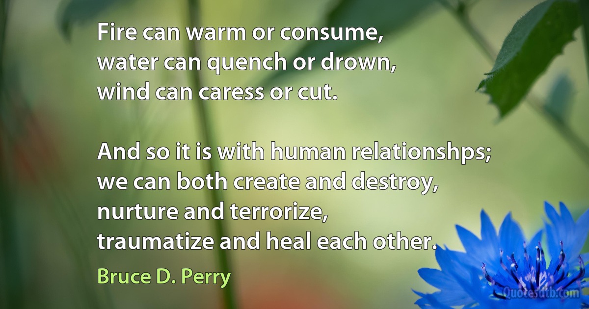 Fire can warm or consume,
water can quench or drown,
wind can caress or cut.

And so it is with human relationshps;
we can both create and destroy,
nurture and terrorize,
traumatize and heal each other. (Bruce D. Perry)