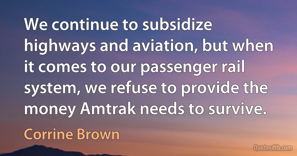 We continue to subsidize highways and aviation, but when it comes to our passenger rail system, we refuse to provide the money Amtrak needs to survive. (Corrine Brown)