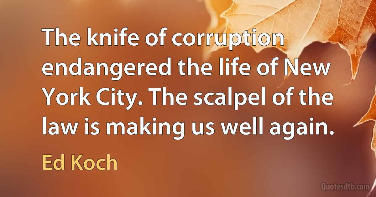 The knife of corruption endangered the life of New York City. The scalpel of the law is making us well again. (Ed Koch)